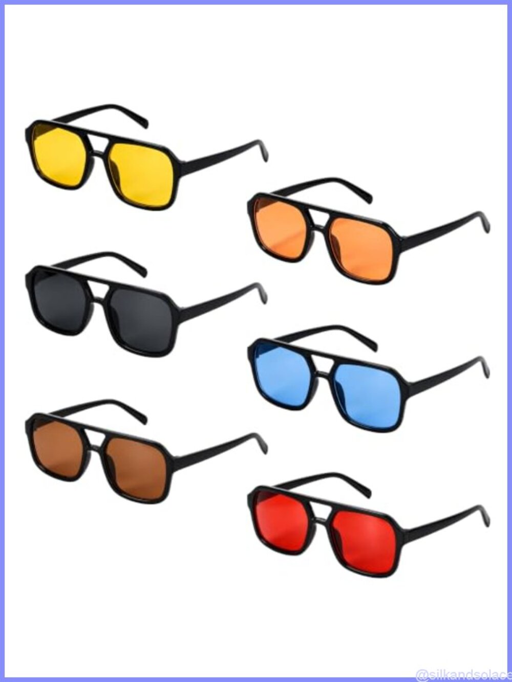 6 Pack Retro 70s Square Aviator Sunglasses Unisex Flat Lens UV400